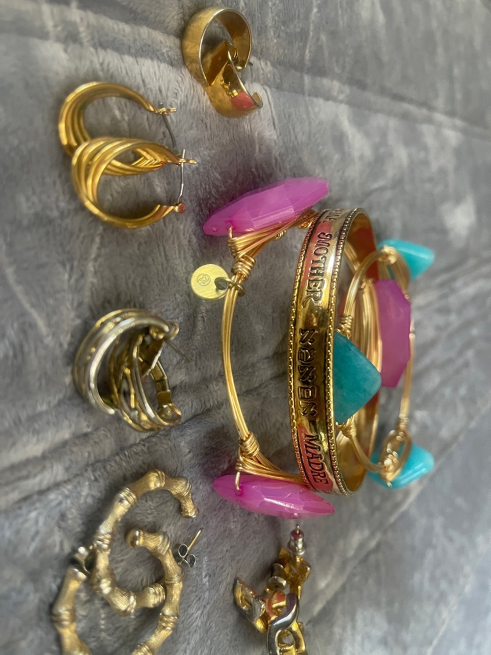 Alex and Ani Gold Tone Bracelet Stack with Pink and Teal Charms
